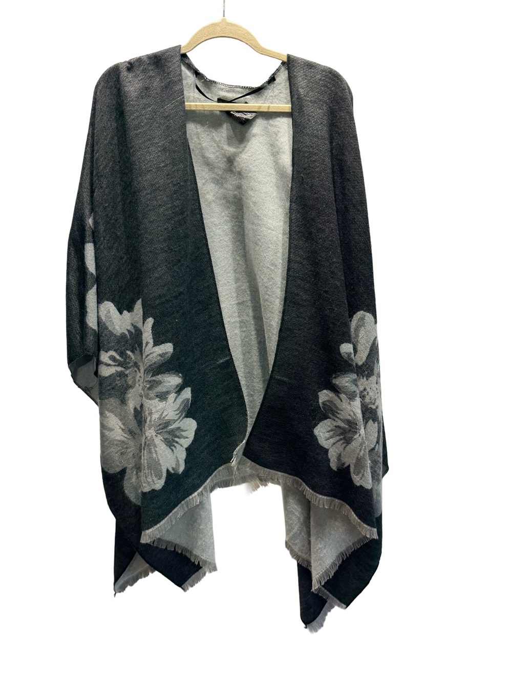 Reversible Black Grey Floral Wrap Shawl with Fringe - One Size